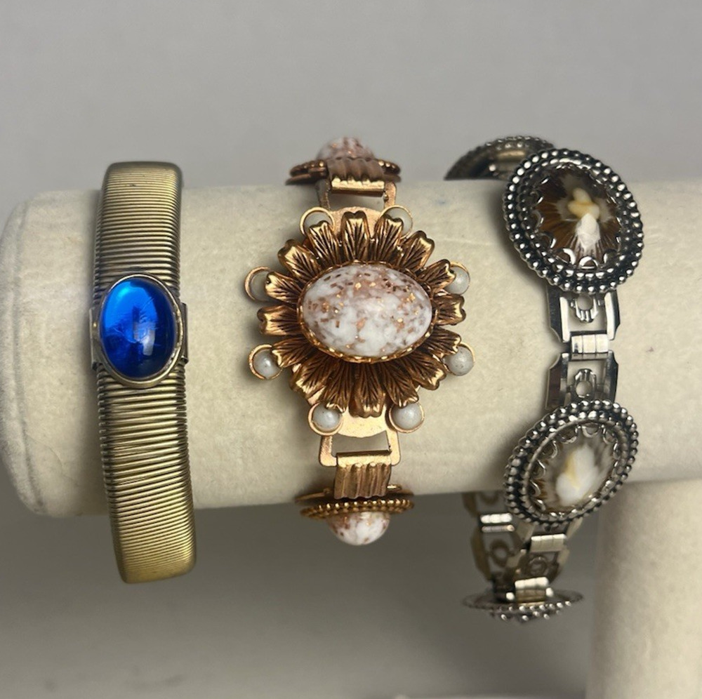 Old Vintage Bracelet Lot Copper Metal Links Mottled Flowers Tubogas Cabachon